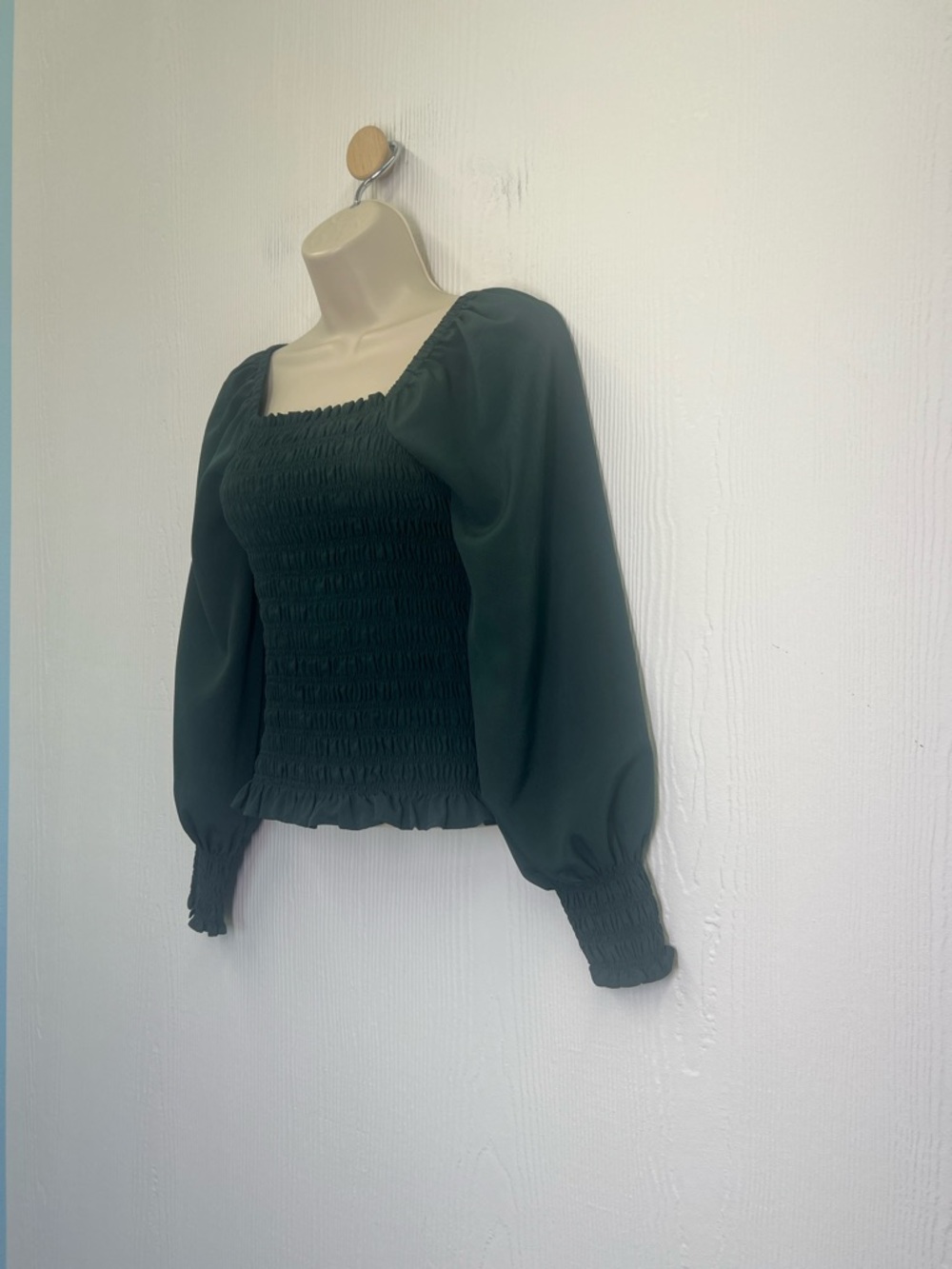 Madewell - Lucie Smocked Bubble Long Sleeve Hunter Green Blouse Size XXS - Picture 5 of 9